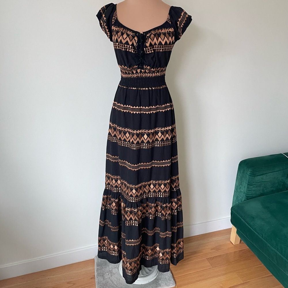 Coocu Resorts Greek Black Bronze Embroidered Corset Maxi Beach Dress EUC Size S
